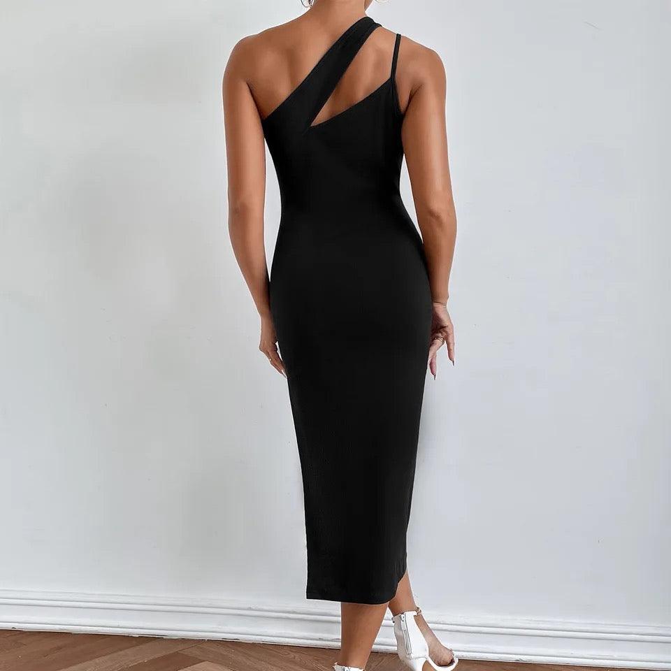 Hollow Out Stripe Oblique Shoulder Dress,Ladies Elegant