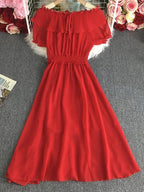 Off Shoulder Chiffon Dress Fairy Sweet Pleated Long Dress - XD21
