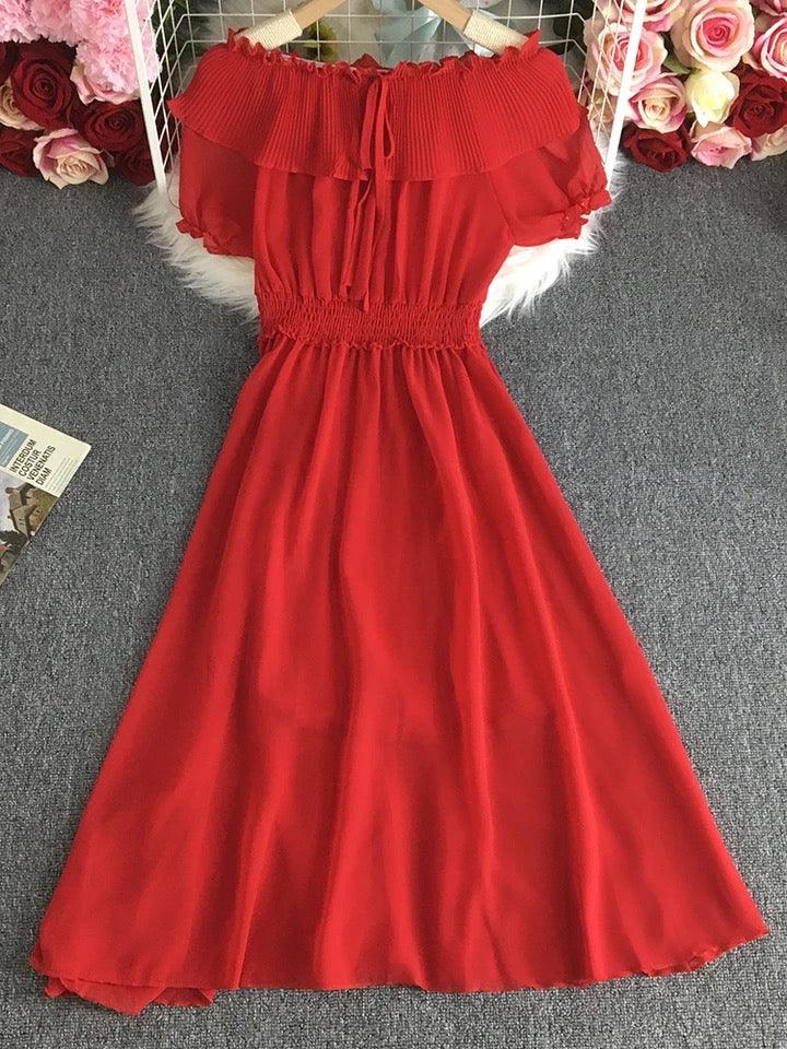 Off Shoulder Chiffon Dress Fairy Sweet Pleated Long Dress - XD21