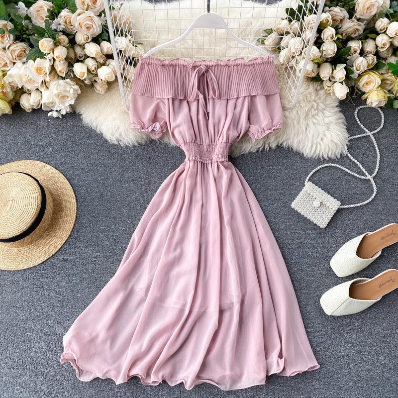 Off Shoulder Chiffon Dress Fairy Sweet Pleated Midi Dress - XD21 Off Shoulder Chiffon Dress Fairy Sweet Pleated Midi Dress - XD21