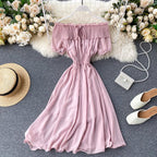 Off Shoulder Chiffon Dress Fairy Sweet Pleated Long Dress - XD21