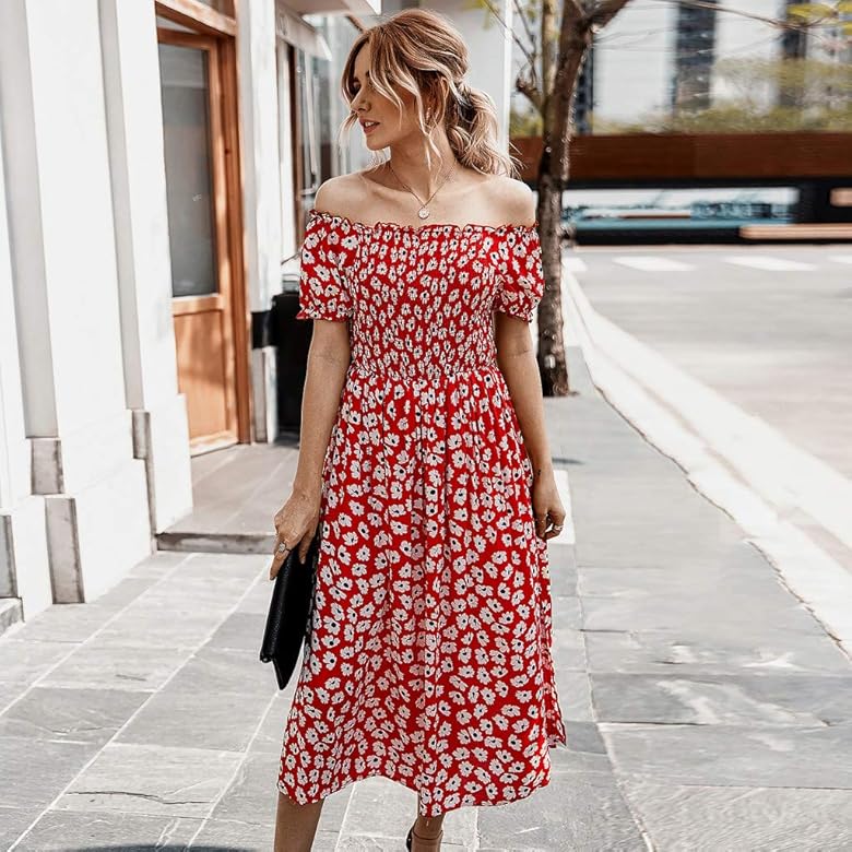 Off Shoulder Curve Ditsy Floral Midi Dress XD21