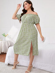 Off Shoulder Curve Ditsy Floral Midi Dress XD21