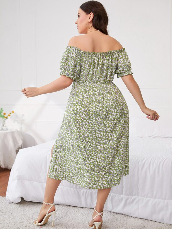 Off Shoulder Curve Ditsy Floral Midi Dress XD21