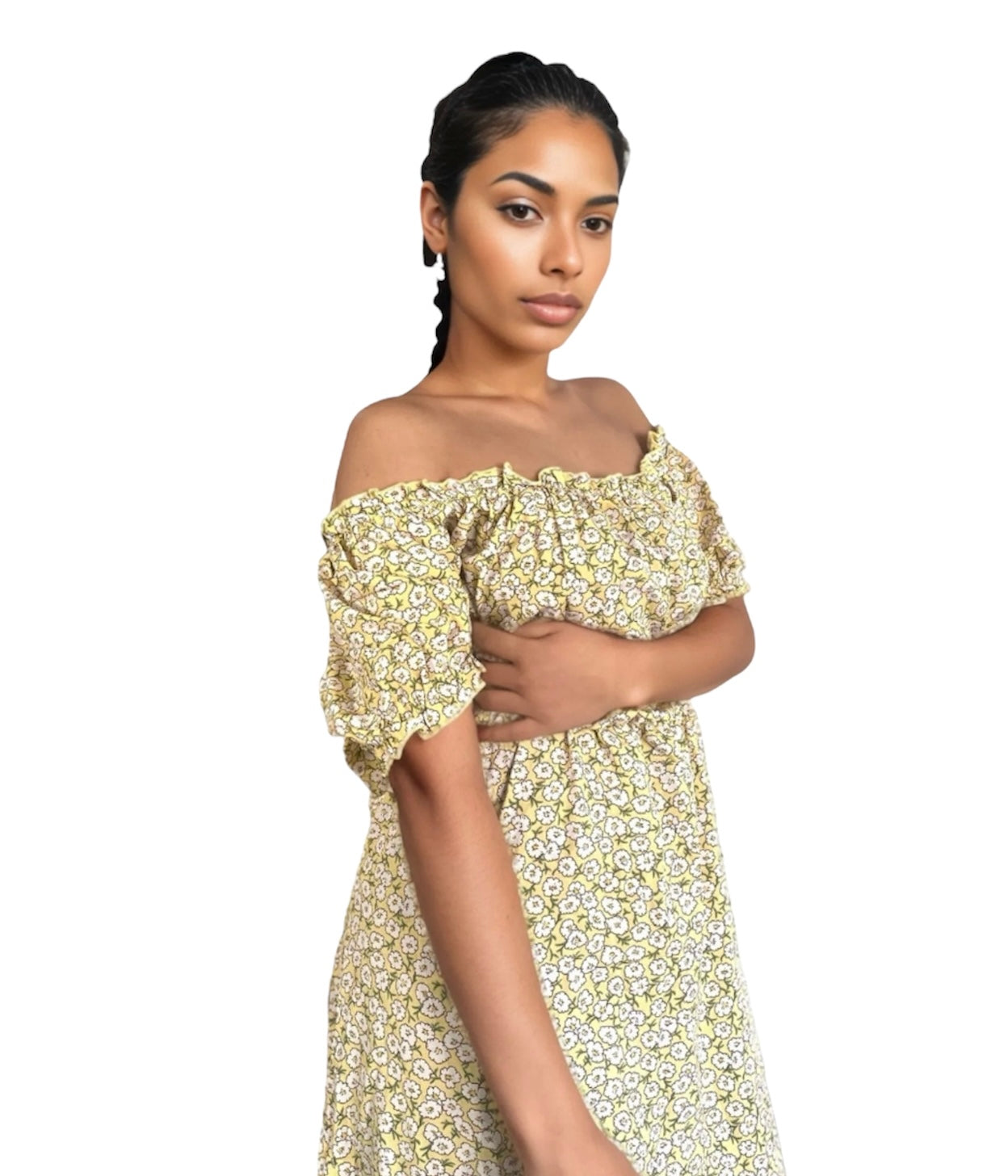 Off Shoulder Curve Ditsy Floral Midi Dress XD21