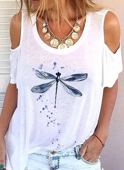 Off-Shoulder Dragonfly Printed T-Shirt XD21