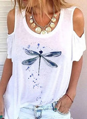 Off-Shoulder Dragonfly Printed T-Shirt XD21