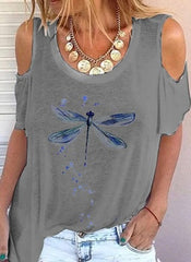 Off-Shoulder Dragonfly Printed T-Shirt XD21