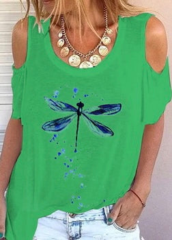 Off-Shoulder Dragonfly Printed T-Shirt XD21