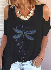 Off-Shoulder Dragonfly Printed T-Shirt XD21