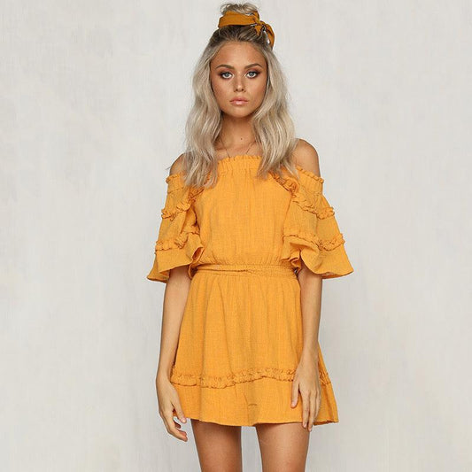 Off Shoulder Frill Sleeve Mini Summer Dress S
