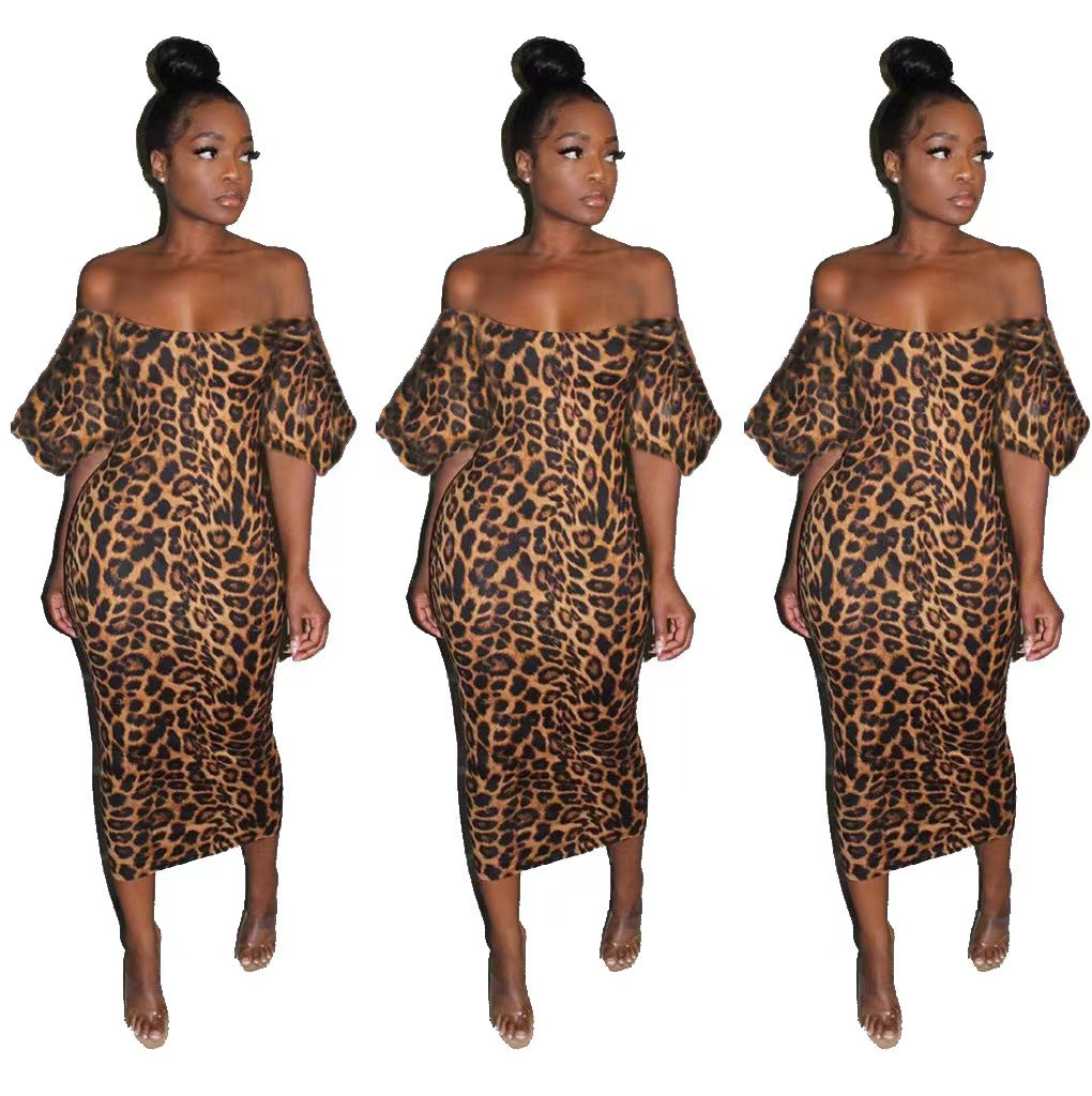 Off Shoulder Leopard Printed Pencil Dress XD21