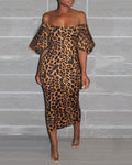 Off Shoulder Leopard Printed Pencil Dress XD21