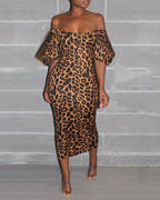 Off Shoulder Leopard Printed Pencil Dress XD21