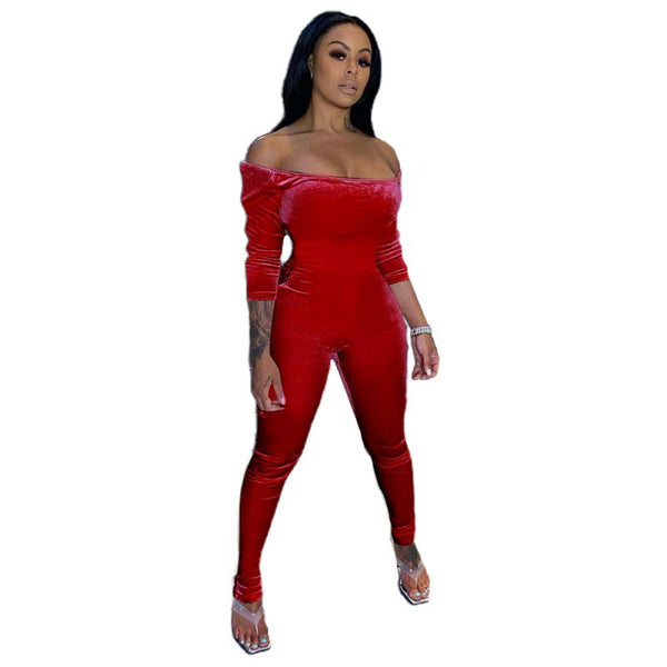 Off Shoulder One Piece Velvet Jumpsuit