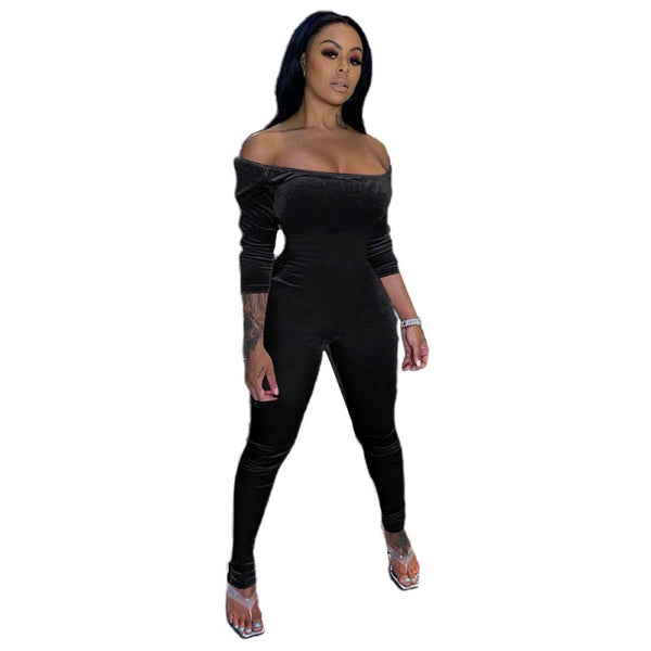 Off Shoulder One Piece Velvet Jumpsuit