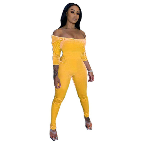 Off Shoulder One Piece Velvet Jumpsuit
