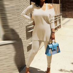 Off Shoulder Sleeve Tracksuit Two Piece Set XD21