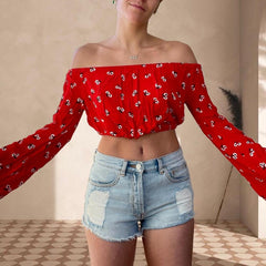 Off the shoulder glare sleeve crop top XD21