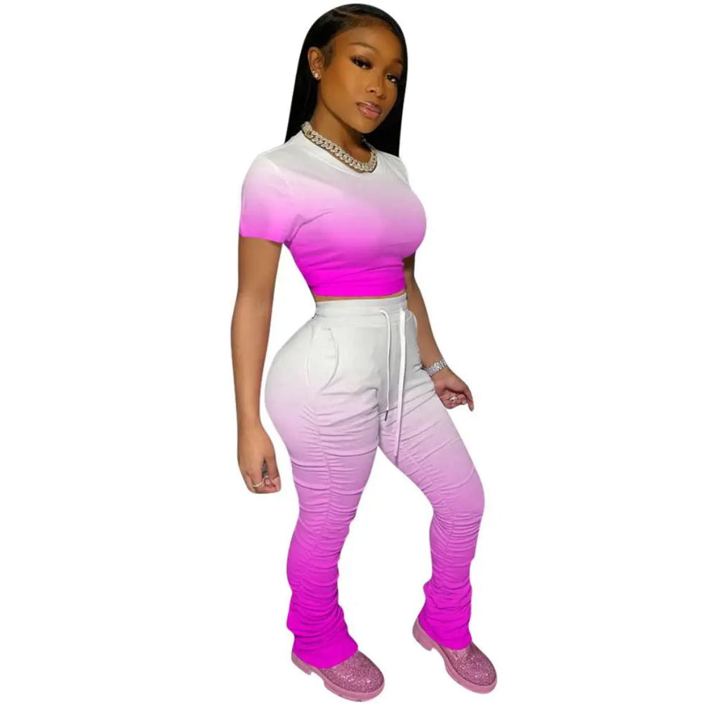 Ombré Draw String Crop Top And Pants Set XD21