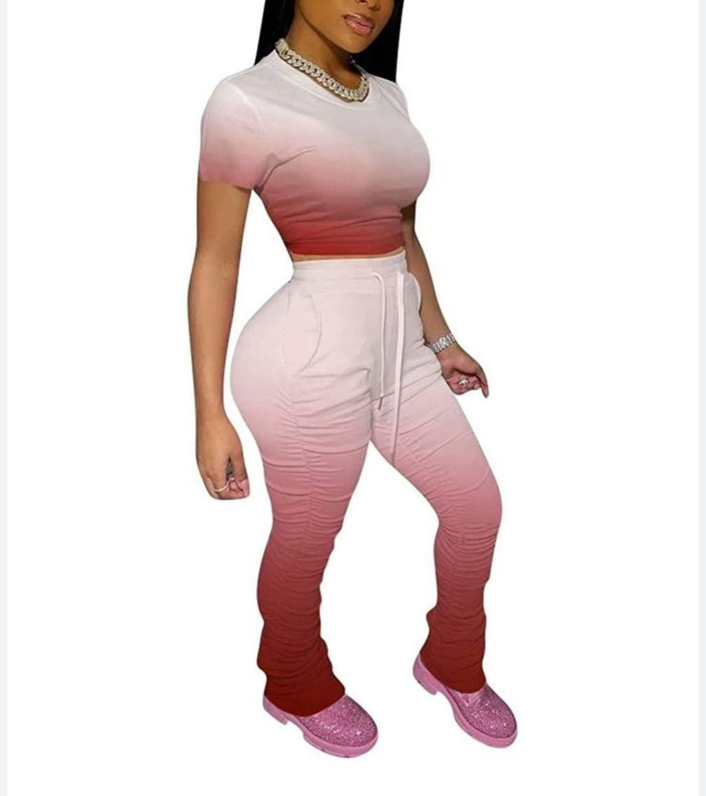 Ombré Draw String Crop Top And Pants Set XD21