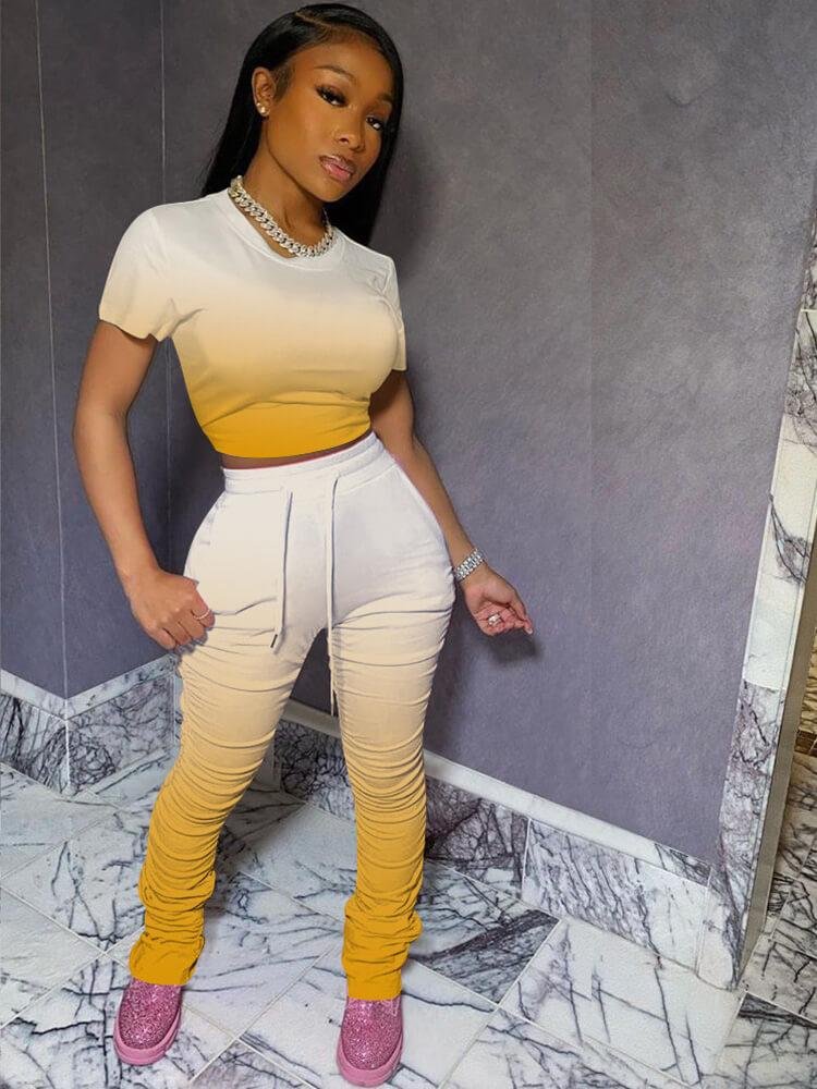 Ombré Draw String Crop Top And Pants Set XD21