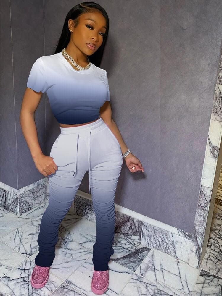 Ombré Draw String Crop Top And Pants Set - XD21