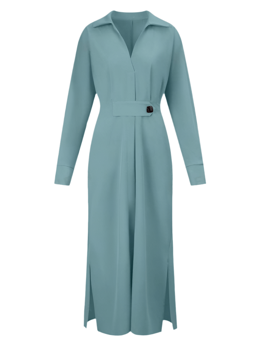 One Button Tie Over Blouse Maxi Slit Dress XD21