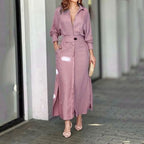 One Button Tie Over Blouse Maxi Slit Dress XD21