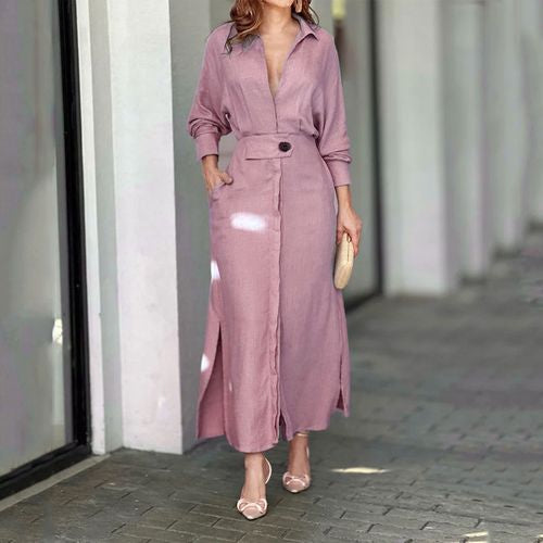 One Button Tie Over Blouse Maxi Slit Dress XD21