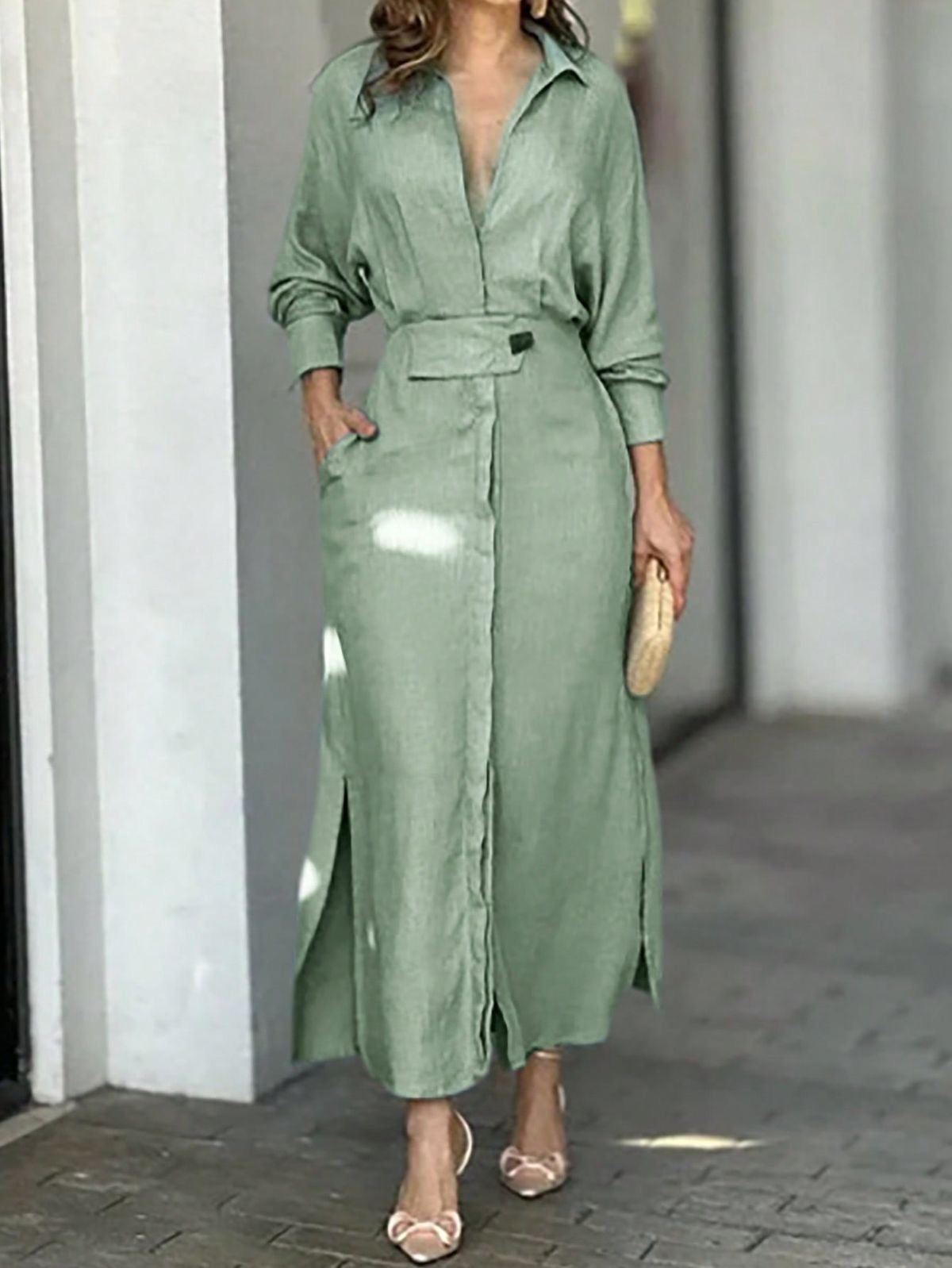 One Button Tie Over Blouse Maxi Slit Dress XD21
