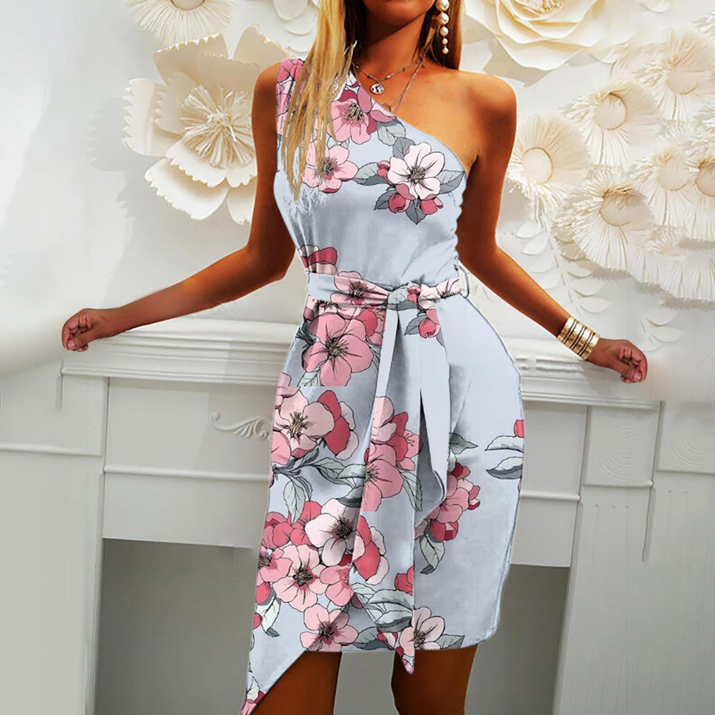 One Shoulder Floral Print Mini Dress XD21