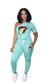 One Shoulder Lips Casual Sports Jumpsuit XD21