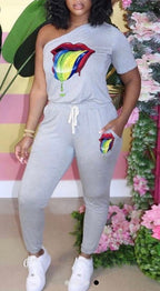 One Shoulder Lips Casual Sports Jumpsuit XD21