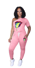 One Shoulder Lips Casual Sports Jumpsuit XD21