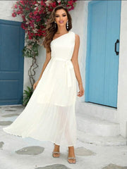 One Shoulder Pleated A-Line Maxi Dress XD21