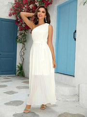 One Shoulder Pleated A-Line Maxi Dress XD21