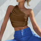 One Shoulder Ribbed Knitted Ruched Crop Top XD21