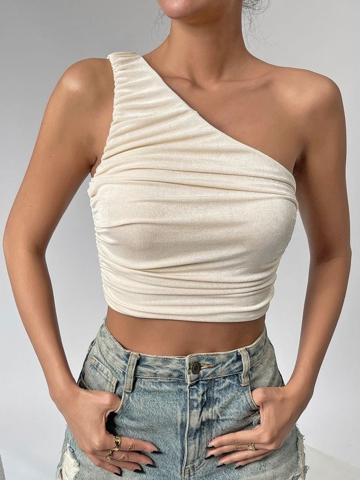 One Shoulder Ribbed Knitted Ruched Crop Top XD21