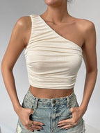 One Shoulder Ribbed Knitted Ruched Crop Top XD21