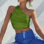 One Shoulder Ribbed Knitted Ruched Crop Top XD21