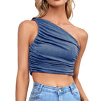 One Shoulder Ribbed Knitted Ruched Crop Top XD21