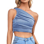 One Shoulder Ribbed Knitted Ruched Crop Top XD21