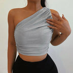 One Shoulder Ribbed Knitted Ruched Crop Top XD21