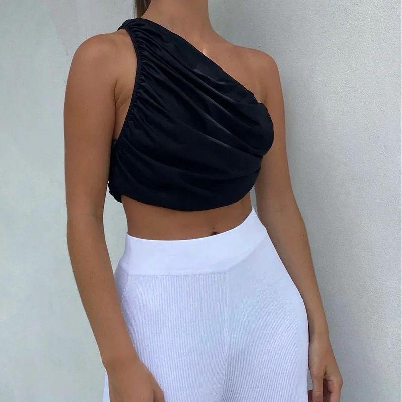 One Shoulder Ribbed Knitted Ruched Crop Top XD21