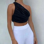 One Shoulder Ribbed Knitted Ruched Crop Top XD21