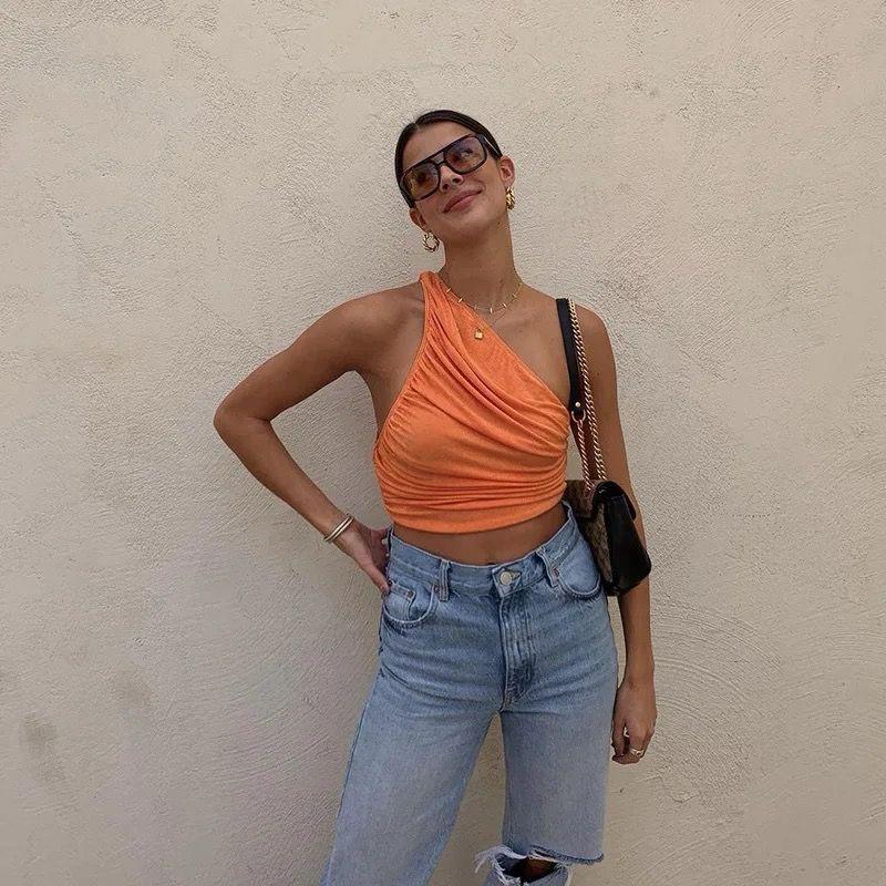 One Shoulder Ribbed Knitted Ruched Crop Top XD21