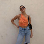 One Shoulder Ribbed Knitted Ruched Crop Top XD21