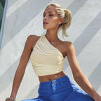 One Shoulder Ribbed Knitted Ruched Crop Top XD21