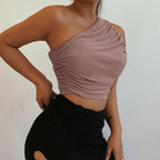 One Shoulder Ribbed Knitted Ruched Crop Top XD21